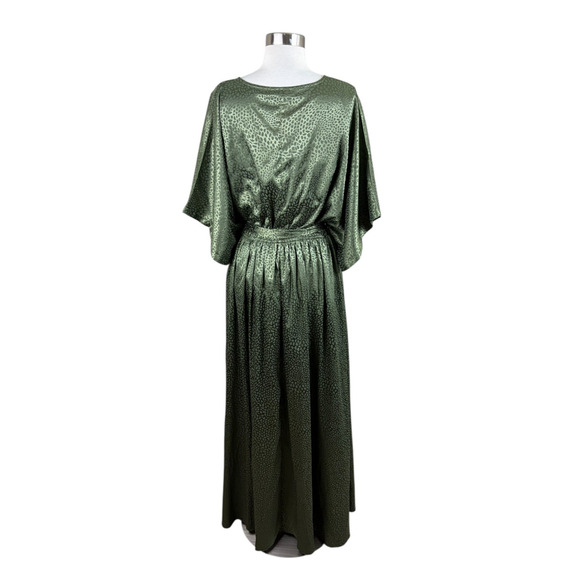 Baltic Born XL Olive Green Tone Print Tie Belt Maxi Dress Holiday Party Cocktail - Picture 3 of 4